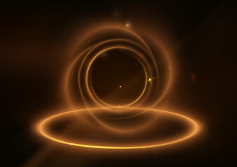 Abstract glowing gold lines on dark brown background with lighting effect and sparkle with copy space for text. Luxury design style.