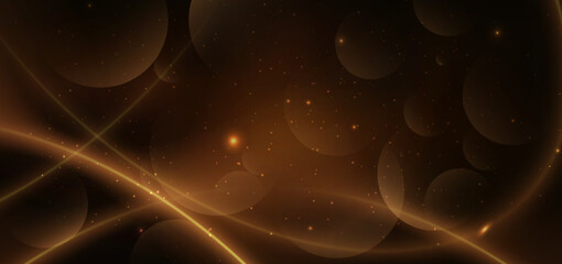 Abstract glowing gold curved lines on dark brown background with lighting effect and sparkle with copy space for text.