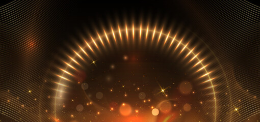 Abstract golden light effect circles glowing elegant bokeh golden light effect on dark brown background.