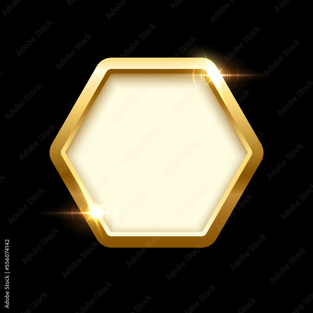 Aufkleber 3d plate button of hexagon shape with golden frame vector illustration. realistic isolated website e