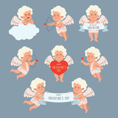 Isolated flat vector of cupid set. Illustration of amur with bow. Cute baby cartoon character greeting with Valentine's Day. Images of angels with wings in different poses aiming at lovers - obrazy, fototapety, plakaty