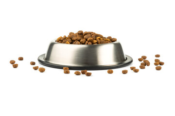Dry food for cats and dogs in a bowl on a white background.