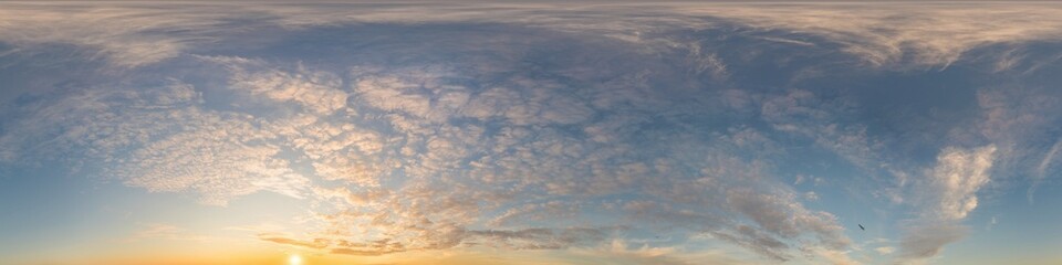 Fototapeta premium Dark blue sunset sky panorama with golden Cirrus clouds. Seamless hdr 360 panorama in spherical equirectangular format. Full zenith for 3D visualization, sky replacement for aerial drone panoramas.