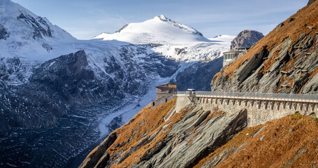 Impressively beautiful Fairy-tale mountain scenery in Austrian Alps. view on Kaunertaler glacier. The Grossglockner High Alpine Road. High Tauern National Park. Concept of an ideal resting place.
