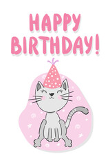 Happy Birthday card design with cute cat or kitten. Party and celebration elements. Text Happy Birthday. Vector illustration in flat design.