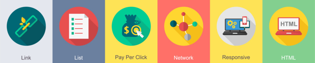 A set of 6 SEO icons as link, list, pay per click, network