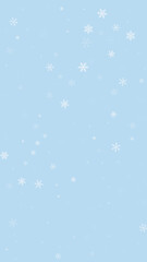 Naklejka na ściany i meble Beautiful snowfall christmas background. Subtle flying snow flakes and stars on light blue winter backdrop. Beautiful snowfall overlay template. Vertical vector illustration.