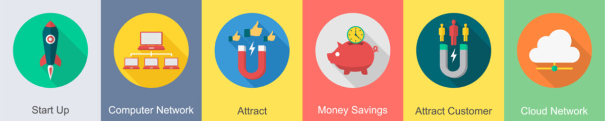 A set of 6 SEO icons as start up, computer network, attract