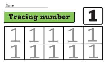 Number 1. Trace and write. Handwriting practice. Learning numbers for kids. Education developing worksheet. Activity page. Game for kids. Isolated vector illustration.