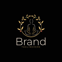 Minimalist natural meditation logo vector, featuring silhouette of person meditating with surrounding leaf and floral elements in abstract style, suitable for yoga, fitness, spa etc.