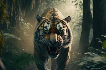 a giant tiger in the forest. fiction. fantasy scenery. concept art. Generative AI