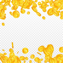 American dollar coins falling. Scattered gold USD