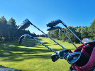 Golf equipment and clubs full of various golf clubs on green field background