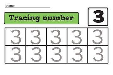 Number 3. Trace and write. Handwriting practice. Learning numbers for kids. Education developing worksheet. Activity page. Game for kids. Isolated vector illustration.