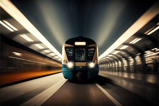 A Train Is Moving Through A Tunnel At Night Time With Lights On It's Side And A Long Exposure Of The Train.