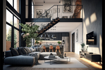 View inside large modern luxury attic loft apartment living room interior with comfortable sofa, plants, wooden furniture, Abstract painting on white wall. Modern decor with open bar and kitchen