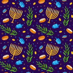 Jewish Hanukkah. Religious holiday. Candles menorah and donut pattern. Happy food design. Creative celebration. Dreidel and olive branch. David star. Vector seamless utter background