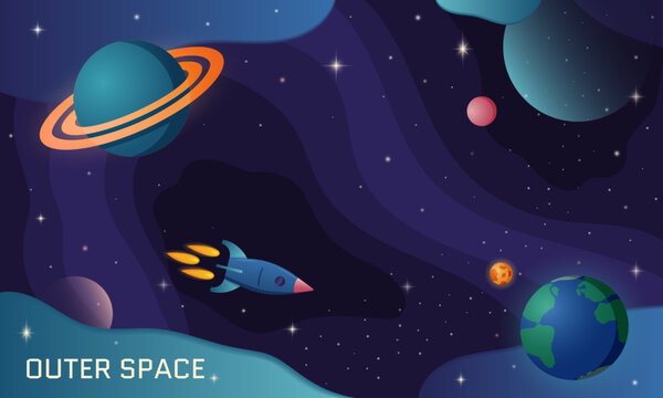 Outer space. Galaxy explore rocket. Universe discovery. Spaceship travel to planet. Virtual banner for planetary. Child astronomy. Earth and Saturn. Vector cartoon utter background