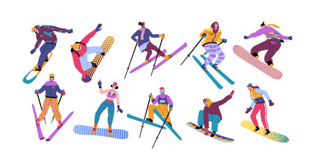 Family ski. Winter activity. People skiing or snowboarding. Outdoor sport. Active girl and woman. Man in outerwear. Snowboarder and skier poses set. Vector cartoon exact illustration