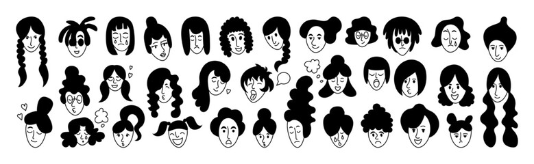 Female hair, doodle style face, scribble drawing. Girl or woman portrait, funny people, short silhouettes, many child heads. Contemporary haircut fashion icons. Vector illustration tidy set