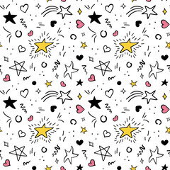 Doodle star pattern, cute party elements. Magic christmas ornament, scribble stars and pink hearts on white backdrop, celebrate baby decor. Childish textile. Vector seamless utter background