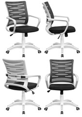 Office computer chair, with a mesh back. Isolated from the background. View from different sides