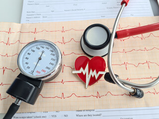 Closeup of healthy electrocardiogram results with stethoscope and tonometer