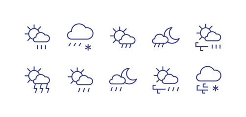 Weather line icon set. Editable stroke. Vector illustration. Containing sunny rain, sleet, sunny shower, shower night, sunny windy rain, sunny thunder strom, sunny windy shower, windy snowing.