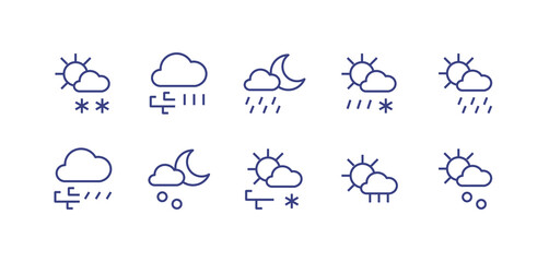 Weather line icon set. Editable stroke. Vector illustration. Containing sunny snowing, windy rain, drizzle night, sunny sleet, sunny drizzle, windy shower, hail night, sunny windy snowing, sunny rain.