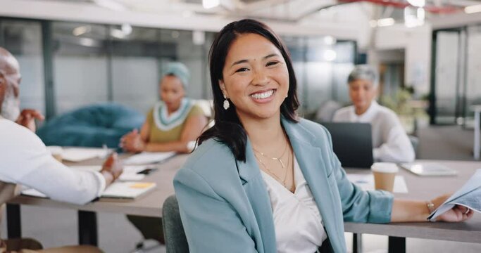 Asian woman, face and business meeting in office for creativity, planning strategy and teamwork collaboration. Diversity, team and employee happiness for finance management and target goals support