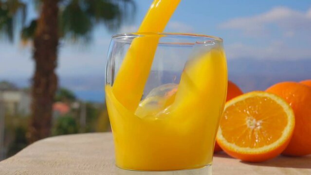 Orange juice is poured into a glass against the background of palm trees and cut oranges