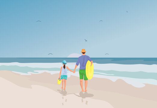 Hand sketch of father with daughter on the beach, Vector illustration.