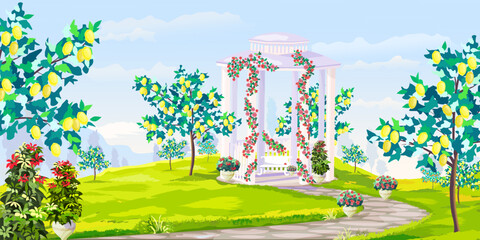 Summer panoramic landscape. Lemon garden with gazebo in weaving flowers, roses in pots, vector illustration