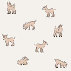Cartoon baby goat - seamless trendy pattern with animal in various poses. Contour vector illustration for prints, clothing, packaging and postcards.