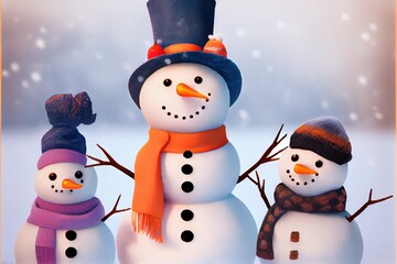 Snowman Snowmen Christmas Coal Eyes Carrot Nose Hat Scarf Winter Illustrated Snowy Snow Background Image