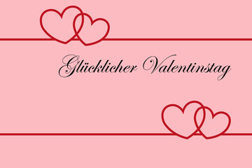 Minimalistic background design with hearts and the inscription in German "Glücklicher Valentinstag" ("Happy Valentine's Day") on a pink background. Vector illustration