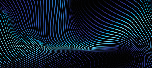 Vector wave lines surface rhytm metallic flowing dynamic in blue grey black colors isolated on black background for concept of AI technology, digital, communication, science, music poster