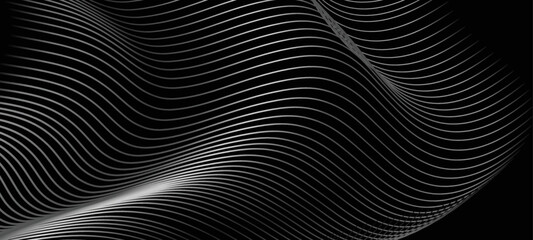 Vector wave lines surface rhytm metallic flowing dynamic in blue grey black colors isolated on black background for concept of AI technology, digital, communication, science, music poster