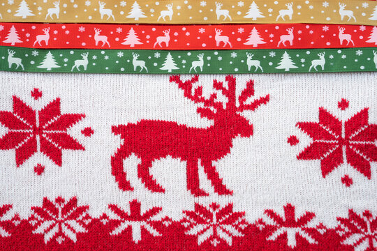Christmas Ribbons and Christmas Pattern Sweaters Background Photo, Nisantasi Sisli, Istanbul Turkey