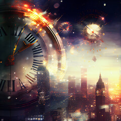 Clock and fireworks.