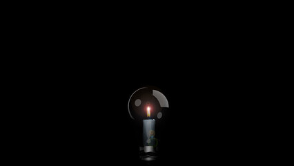 A white burning candle in a incandescent light bulb (3D Rendering)