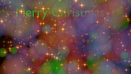 Green Christmas text and falling of glitter small star burst gold flake between transparent colorful ball  (3D Rendering)