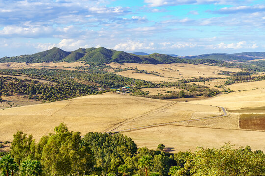 Landscape of countryside and mountains in the valley of the Sierra de Grazalema in Cadiz, Spain.