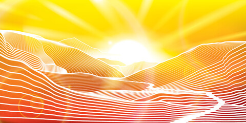 Sun landscape. Sunshine glow. Summer illumination image. Path in mountains. White outlines illustration on yellow background. Vector design art 