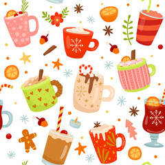 Hot drinks holiday pattern. Coffee and chocolate. Cocoa drink in mug, winter happy new year beverages. Gingerbread and cinnamon, cozy print. Background design. Vector seamless nowaday texture