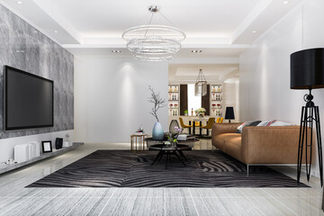 3d rendering modern dining room and living room with retro armchair