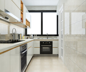 3d rendering modern kitchen counter with white and biege design