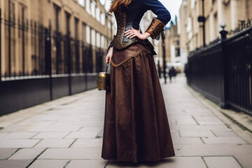 Fototapeta na wymiar Steampunk fashion clothes urban woman woman posing post modern culture outfit. Generative AI
