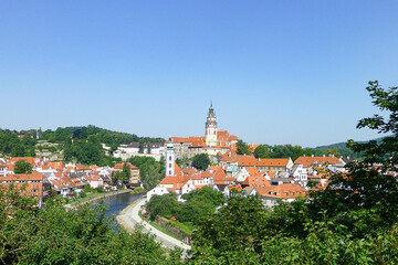 Obraz premium top view of the roofs and buildings of the historical center of Český Krumlov