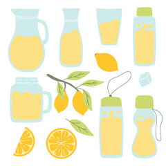 Lemonade set. Collection of jugs, glasses and bottles of lemonade. Lemonade with lemon, mint and ice. Vector illustration. Flat hand drawn style.